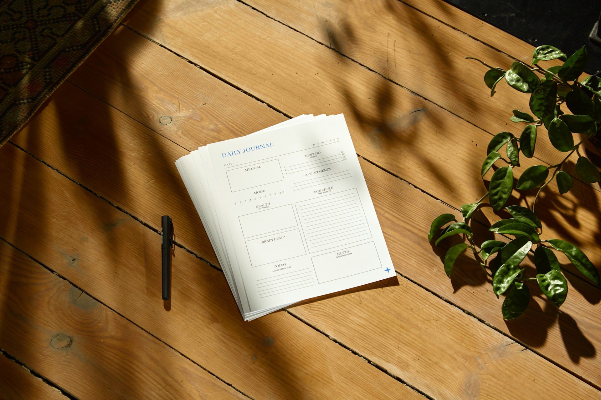 Journal on timber with plant shadows